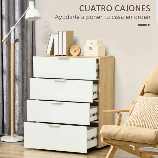 Cómoda con 4 Cajones de Alto Brillo Cajonera de Madera para Dormitorio Salón Oficina 70x35x92 cm Blanco y Natural [2]