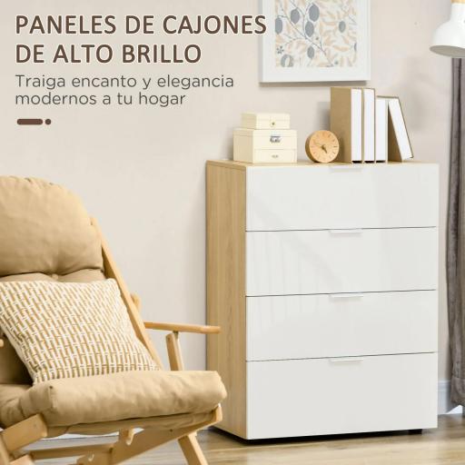 Cómoda con 4 Cajones de Alto Brillo Cajonera de Madera para Dormitorio Salón Oficina 70x35x92 cm Blanco y Natural [4]