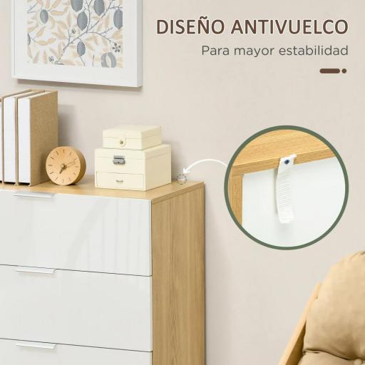 Cómoda con 4 Cajones de Alto Brillo Cajonera de Madera para Dormitorio Salón Oficina 70x35x92 cm Blanco y Natural [5]
