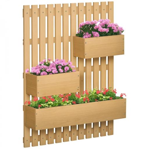 Jardinera de Pared de Madera con Enrejado y 3 Macetas Móviles para Jardín Terraza Patio 60x16x80 cm Natural [8]