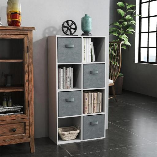 Estantería para Libros de 8 Cubos Librería Modular con 4 Cajones Extraíbles de Tela no Tejida para Oficina Estudio Dormitorio 61,5x30x121,6 cm Blanco y Gris
