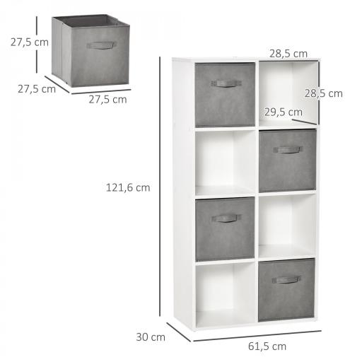 Estantería para Libros de 8 Cubos Librería Modular con 4 Cajones Extraíbles de Tela no Tejida para Oficina Estudio Dormitorio 61,5x30x121,6 cm Blanco y Gris [1]