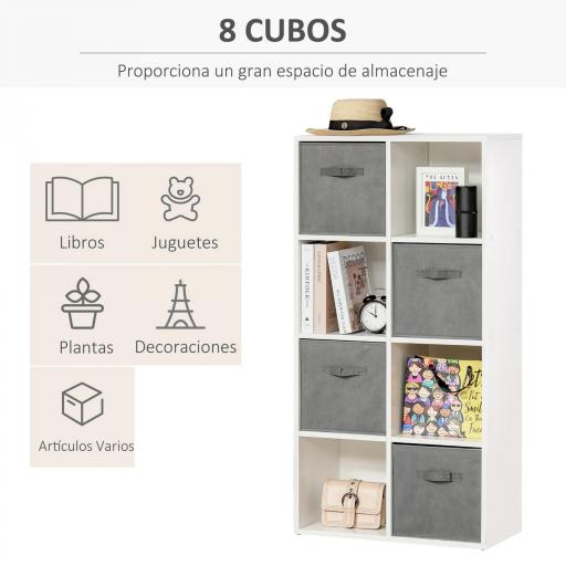 Estantería para Libros de 8 Cubos Librería Modular con 4 Cajones Extraíbles de Tela no Tejida para Oficina Estudio Dormitorio 61,5x30x121,6 cm Blanco y Gris [4]