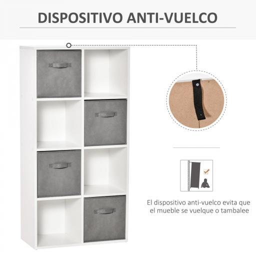 Estantería para Libros de 8 Cubos Librería Modular con 4 Cajones Extraíbles de Tela no Tejida para Oficina Estudio Dormitorio 61,5x30x121,6 cm Blanco y Gris [3]