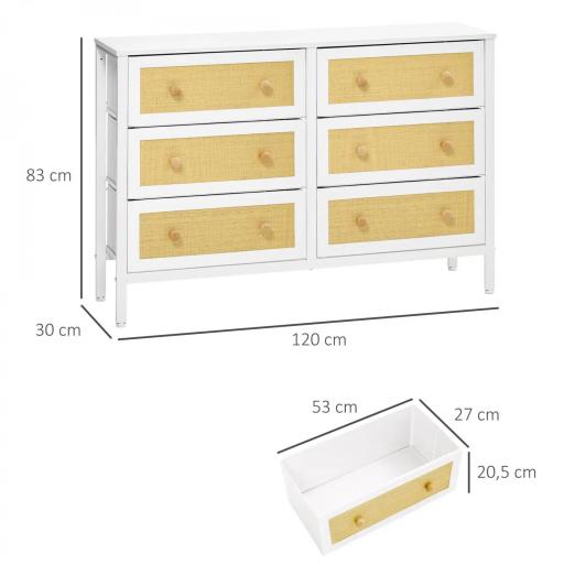 Cómoda Estilo Cannage con 6 Cajones de Tela Plegables y Extraíbles para Dormitorio Salón 120x30x83 cm Blanco [1]