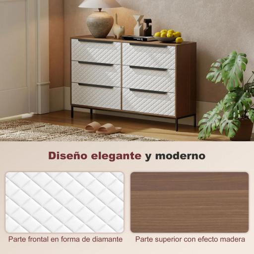 Cómoda con 6 Cajones de Tela Frentes con Patrón de Diamante para Salón Oficina Vestidor Natural y Blanco [3]