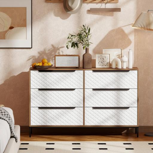 Cómoda con 6 Cajones de Tela Frentes con Patrón de Diamante para Salón Oficina Vestidor Natural y Blanco [2]