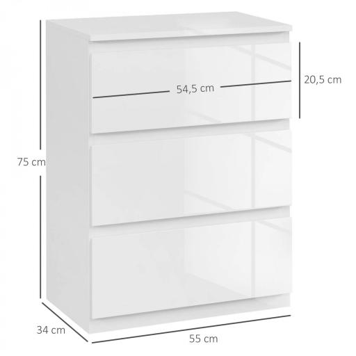 Cómoda con 3 Cajones Cómoda de Dormitorio Moderno con Diseño Anti-vuelco 55x34x75 cm Blanco Brillo [1]