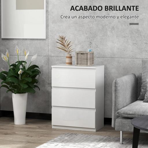Cómoda con 3 Cajones Cómoda de Dormitorio Moderno con Diseño Anti-vuelco 55x34x75 cm Blanco Brillo [2]