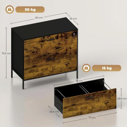 Cajonera de Oficina con 2 Cajones Cajonera para Archivadores con Cerradura y Carpetas Colgantes 80x39x73,5 cm Marrón [3]