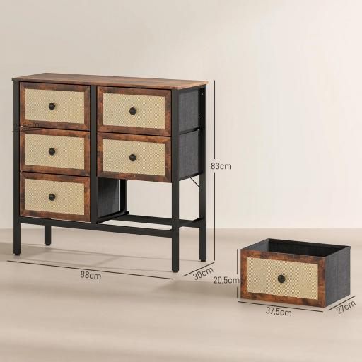 Cajonera de Tela con 6 Cajones Plegables con Frentes de Ratán y Marco de Acero Cajonera para Dormitorio Marrón Rústico [6]