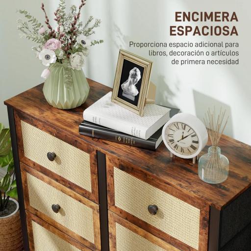 Cajonera de Tela con 6 Cajones Plegables con Frentes de Ratán y Marco de Acero Cajonera para Dormitorio Marrón Rústico [1]