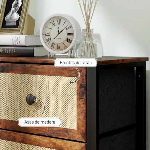 Cajonera de Tela con 6 Cajones Plegables con Frentes de Ratán y Marco de Acero Cajonera para Dormitorio Marrón Rústico [3]