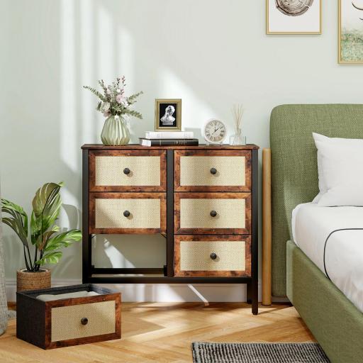 Cajonera de Tela con 6 Cajones Plegables con Frentes de Ratán y Marco de Acero Cajonera para Dormitorio Marrón Rústico [4]