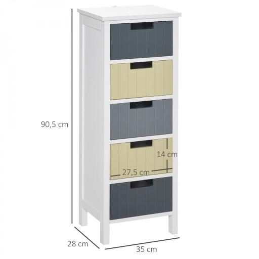 Cómoda de Madera con 5 Cajones Cajonera Auxiliar de Almacenaje con Patas Elevadas Estilo Moderno para Dormitorio Salón Baño 35x28x90,5 cm Multicolor [1]