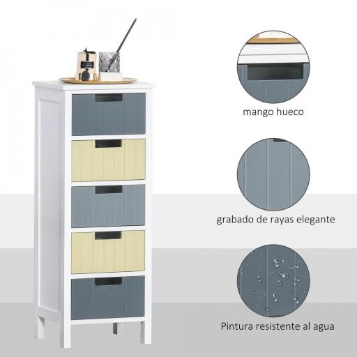 Cómoda de Madera con 5 Cajones Cajonera Auxiliar de Almacenaje con Patas Elevadas Estilo Moderno para Dormitorio Salón Baño 35x28x90,5 cm Multicolor [2]