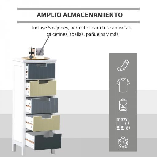 Cómoda de Madera con 5 Cajones Cajonera Auxiliar de Almacenaje con Patas Elevadas Estilo Moderno para Dormitorio Salón Baño 35x28x90,5 cm Multicolor [4]