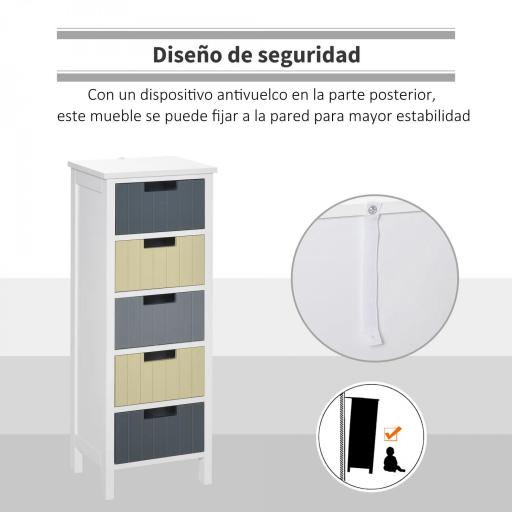 Cómoda de Madera con 5 Cajones Cajonera Auxiliar de Almacenaje con Patas Elevadas Estilo Moderno para Dormitorio Salón Baño 35x28x90,5 cm Multicolor [3]