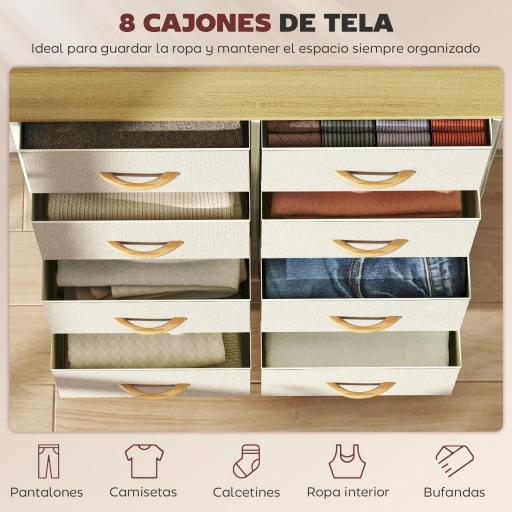 Cajonera de Tela Cómoda con 8 Cajones 4 Bolsillos Laterales 2 Ganchos y Estructura de Acero Beige [3]