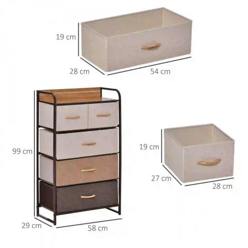 Cómoda para Dormitorio con 5 Cajones Plegables Parte Superior de Madera y Marco Metálico 58x29x99 cm Multicolor [4]