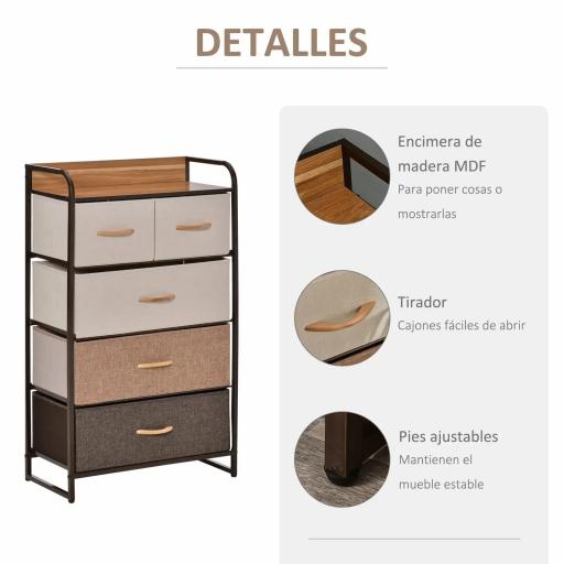 Cómoda para Dormitorio con 5 Cajones Plegables Parte Superior de Madera y Marco Metálico 58x29x99 cm Multicolor [3]