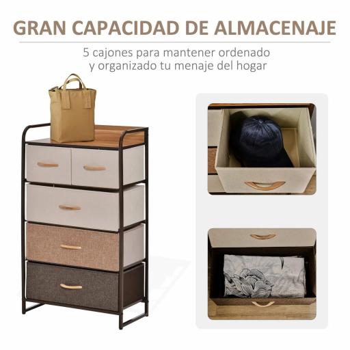 Cómoda para Dormitorio con 5 Cajones Plegables Parte Superior de Madera y Marco Metálico 58x29x99 cm Multicolor [1]