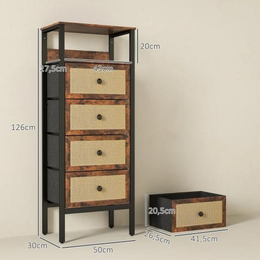 Cómoda para Dormitorio con 4 Cajones con Frentes de Ratán Compartimiento y Marco de Acero 50x30x126 cm Marrón Rústico [4]