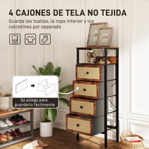 Cómoda para Dormitorio con 4 Cajones con Frentes de Ratán Compartimiento y Marco de Acero 50x30x126 cm Marrón Rústico [1]