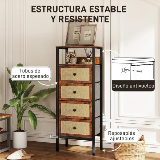 Cómoda para Dormitorio con 4 Cajones con Frentes de Ratán Compartimiento y Marco de Acero 50x30x126 cm Marrón Rústico [5]