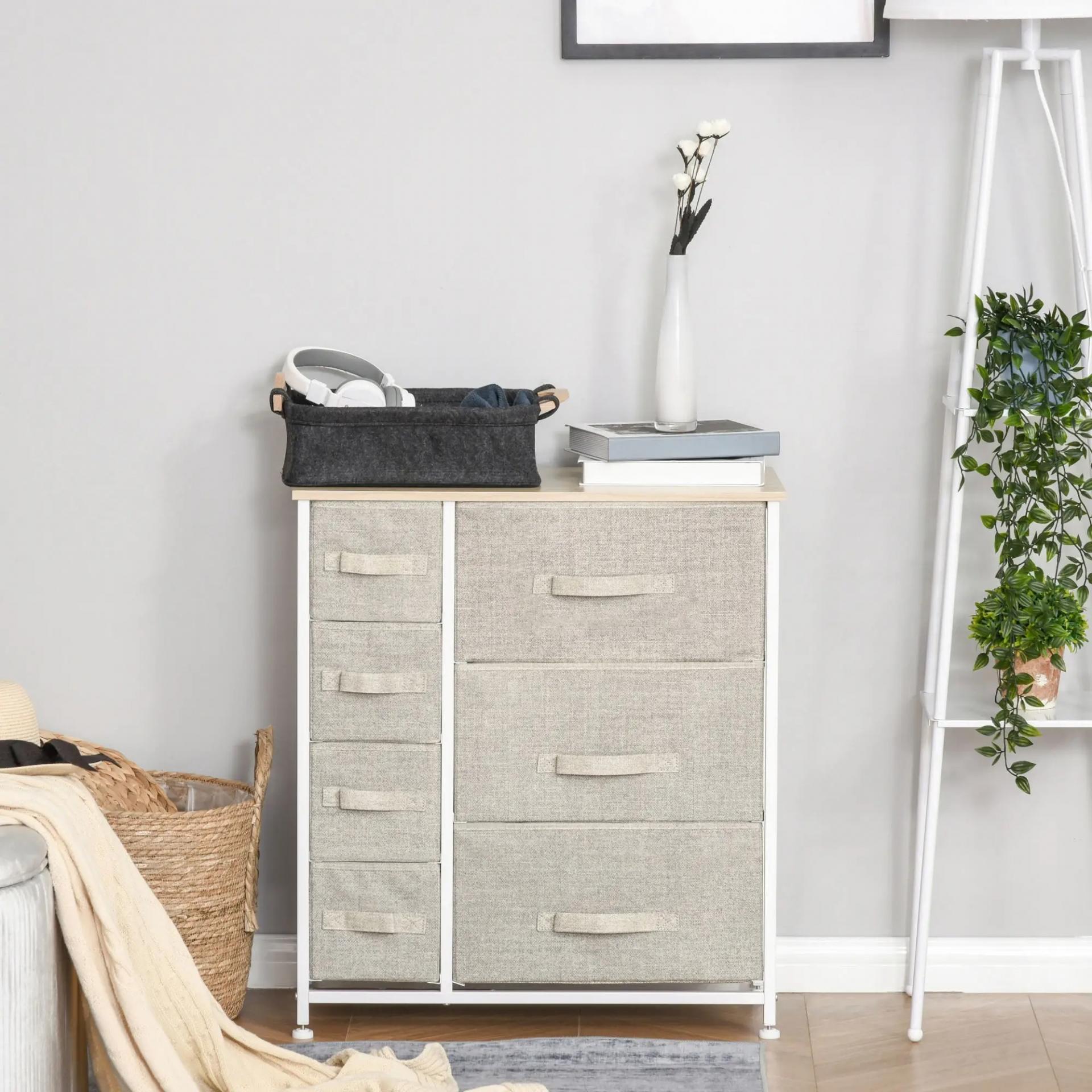 Cómoda con 7 Cajones de Tela, Cómoda para Dormitorio, Marco de Acero, Cajonera para Salón, Oficina, Vestidor, Gris