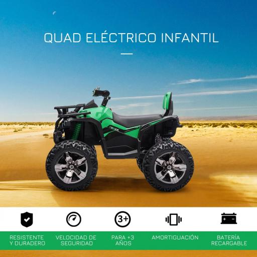 Quad Eléctrico 12V para Niños +3 Años con 2 Motores Faros Música Neumáticos de Suspensión Botones Avance y Retroceso Vehículo Eléctrico a Batería 100x65x73 cm Verde [2]