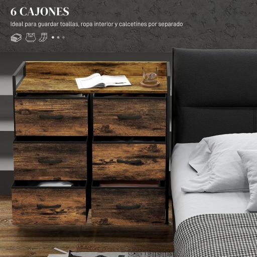 Cómoda con 6 Cajones Plegables Cajonera de Tela con Estructura de Acero Estilo Industrial 79x29x85 cm Marrón Rústico [2]