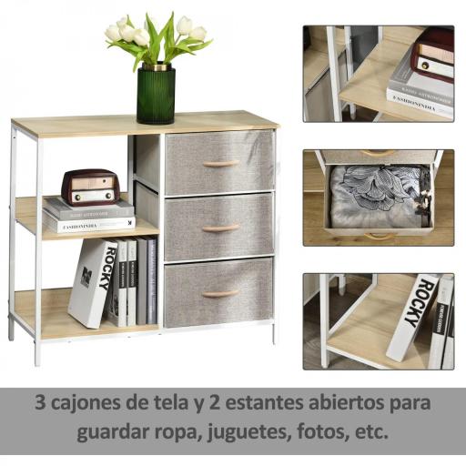 Cajonera de Tela Cómoda de Tela con 3 Cajones Plegables y 2 Estantes Abiertos 80x29x71 cm Natural y Gris Claro [4]