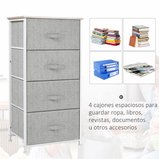 Cómoda con 4 Cajones de Tela, Cómoda para Dormitorio, Marco de Acero, Cajonera para Salón, Oficina, Vestidor, Gris [2]