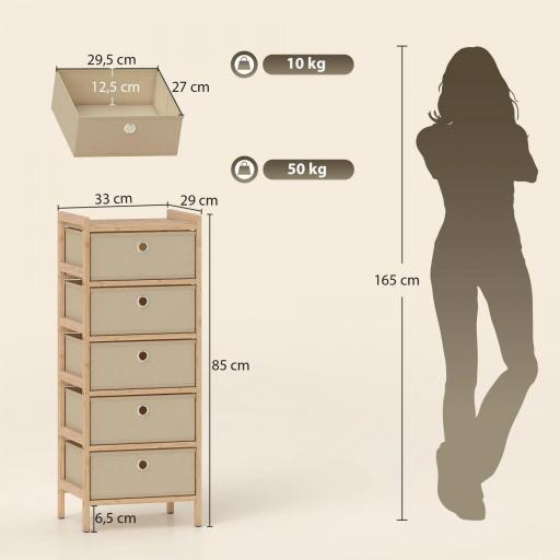 Cómoda con 5 Cajones de Tela Estructura de Bambú Cajonera para Espacios Pequeños Crema y Natural [1]