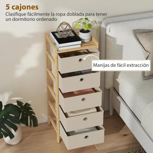 Cómoda con 5 Cajones de Tela Estructura de Bambú Cajonera para Espacios Pequeños Crema y Natural [5]