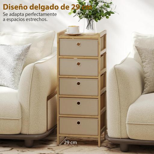 Cómoda con 5 Cajones de Tela Estructura de Bambú Cajonera para Espacios Pequeños Crema y Natural [6]