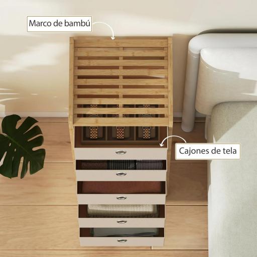 Cómoda con 5 Cajones de Tela Estructura de Bambú Cajonera para Espacios Pequeños Crema y Natural [7]