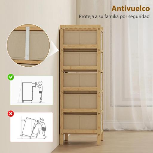 Cómoda con 5 Cajones de Tela Estructura de Bambú Cajonera para Espacios Pequeños Crema y Natural [4]