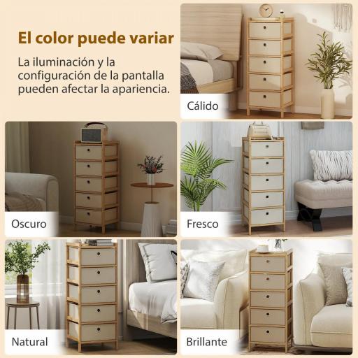 Cómoda con 5 Cajones de Tela Estructura de Bambú Cajonera para Espacios Pequeños Crema y Natural [3]