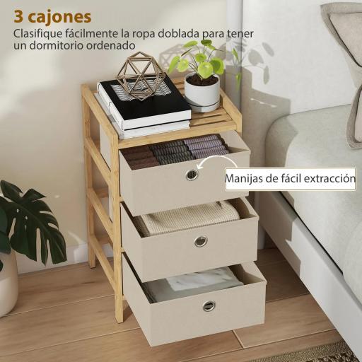 Cómoda con 3 Cajones de Tela Estructura de Bambú Cajonera para Espacios Pequeños Crema y Natural [7]