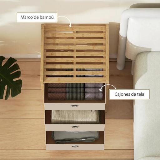Cómoda con 3 Cajones de Tela Estructura de Bambú Cajonera para Espacios Pequeños Crema y Natural [3]