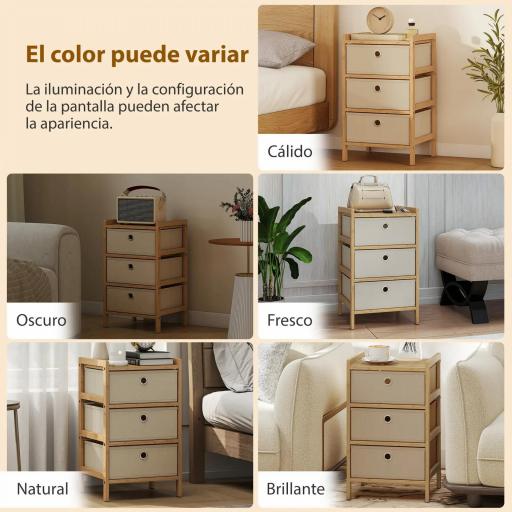 Cómoda con 3 Cajones de Tela Estructura de Bambú Cajonera para Espacios Pequeños Crema y Natural [6]