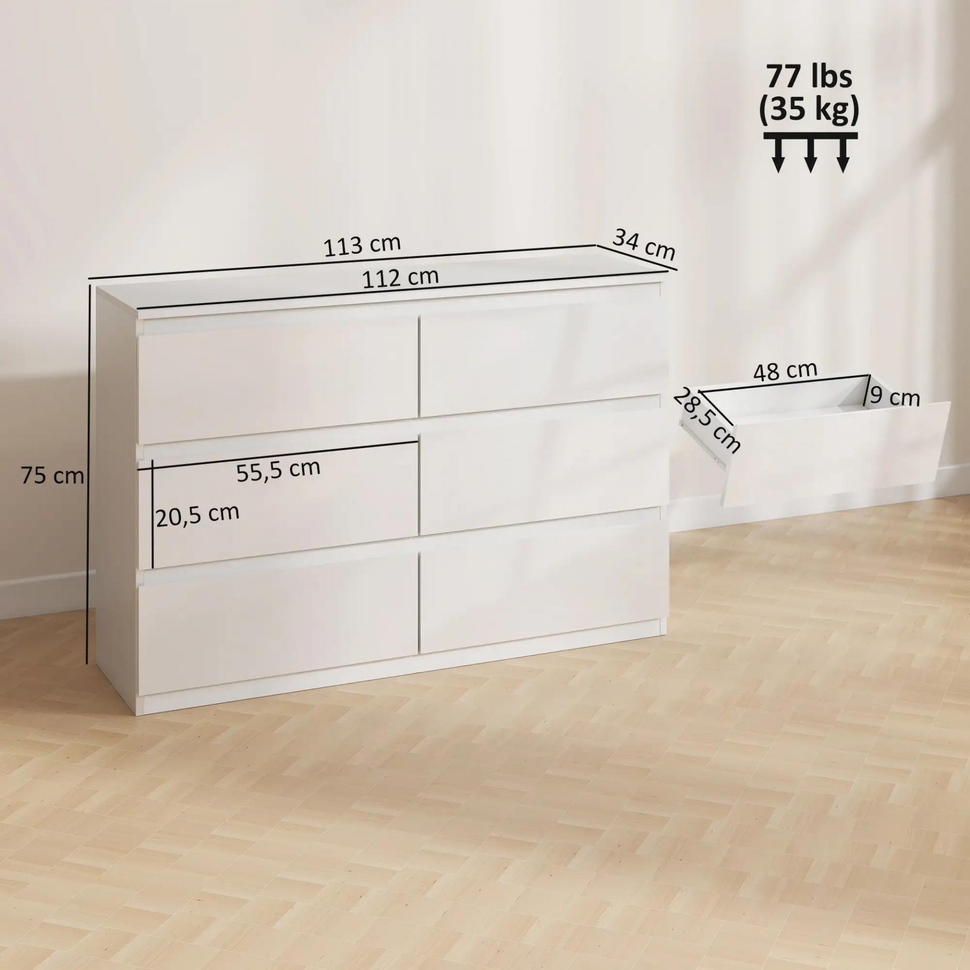 Cómoda Dormitorio con 6 Cajones Cajonera para Salón Oficina Estilo Moderno 112x34x75 cm Blanco Brillo