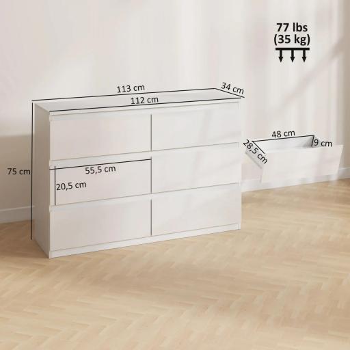 Cómoda Dormitorio con 6 Cajones Cajonera para Salón Oficina Estilo Moderno 112x34x75 cm Blanco Brillo [0]