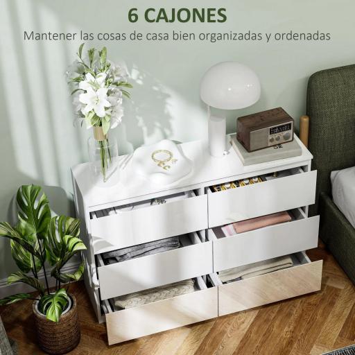 Cómoda Dormitorio con 6 Cajones Cajonera para Salón Oficina Estilo Moderno 112x34x75 cm Blanco Brillo [4]