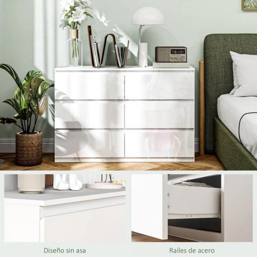 Cómoda Dormitorio con 6 Cajones Cajonera para Salón Oficina Estilo Moderno 112x34x75 cm Blanco Brillo [6]