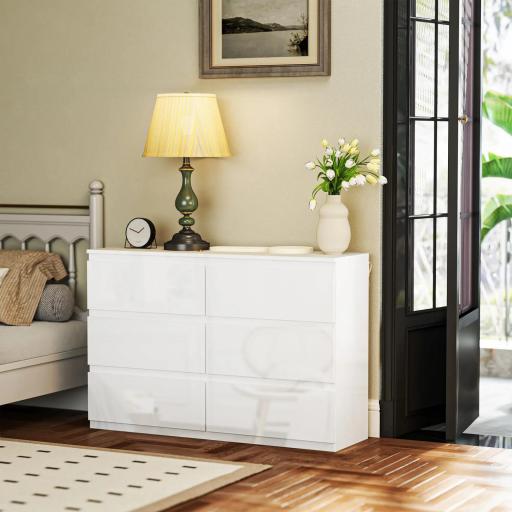 Cómoda Dormitorio con 6 Cajones Cajonera para Salón Oficina Estilo Moderno 112x34x75 cm Blanco Brillo [5]