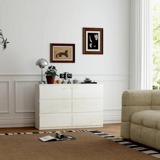 Cómoda Dormitorio con 6 Cajones Cajonera para Salón Oficina Estilo Moderno 112x34x75 cm Blanco Brillo [2]