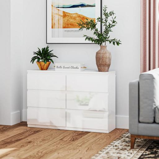 Cómoda Dormitorio con 6 Cajones Cajonera para Salón Oficina Estilo Moderno 112x34x75 cm Blanco Brillo [7]